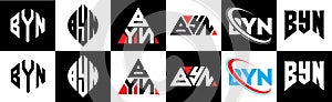 BYN letter logo design in six style. BYN polygon, circle, triangle, hexagon, flat and simple style with black and white color photo