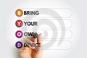 BYOD Bring Your Own Device - policy that allows employees in an organization to use their personally owned devices for work-