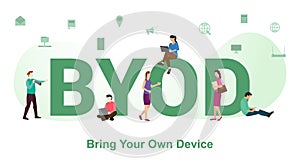 Byod bring your own devices concept with big word or text and team people with modern flat style - vector