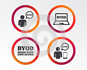 BYOD signs. Human with notebook and smartphone.