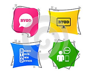 BYOD signs. Human with notebook and smartphone. Vector