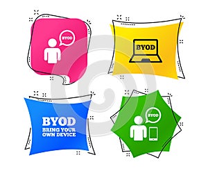 BYOD signs. Human with notebook and smartphone. Vector