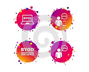 BYOD signs. Human with notebook and smartphone. Vector