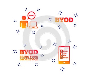 BYOD signs. Human with notebook and smartphone. Vector