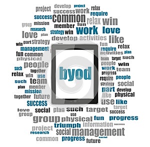 Byod word. Management concept . Tablet pc with word cloud collage