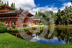 Byodo-in japanese temple with a pond in front, Oahu island