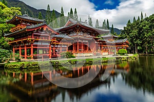 Byodo-in japanese temple with a pond in front, Oahu island