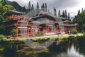 Byodo-in Japanese temple with a pond in front in Oahu island, Hawaii.