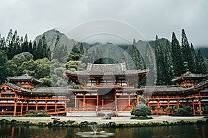 Byodo-in Japanese temple with a pond in front in Oahu island, Hawaii.