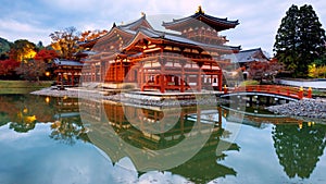 Byodo-in's Phoenix hall with light up in autumn