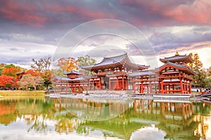 Byodoin Temple during autumn season at sunset