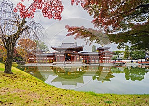 Byodoin Temple Pagoda and lake with red maple leaves or fall foliage in autumn season. Colorful trees, Kyoto, Japan. Nature and