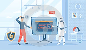 Bypass Captcha, Anti Captcha, Solving service, AI. Robot clicking on captcha - I am not a robot. Flat cartoon vector illustration