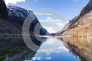 Byrkjedal, lake Byrkjedalsvatnet, beautiful valley in Norway