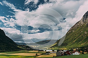 Byrkjelo Village, Sogn Og Fjordane County, Norway. Beautiful Sky Above Norwegian Rural Landscape. Bergheimsvatnet Lake