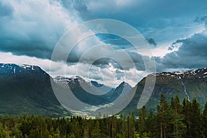 Byrkjelo Village, Sogn Og Fjordane County, Norway. Beautiful Sky Above Norwegian Rural Landscape. Bergheimsvatnet Lake