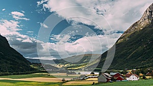 Byrkjelo Village, Sogn Og Fjordane County, Norway. Beautiful Sky Above Norwegian Rural Landscape. Bergheimsvatnet Lake