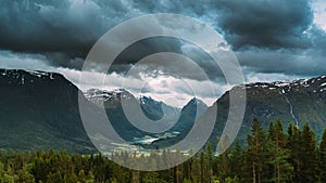 Byrkjelo Village, Sogn Og Fjordane County, Norway. Beautiful Sky Above Norwegian Rural Landscape. Bergheimsvatnet Lake