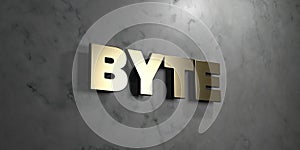 Byte - Gold sign mounted on glossy marble wall - 3D rendered royalty free stock illustration
