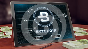 Bytecoin cryptocurrency logo on the pc tablet, 3D illustration