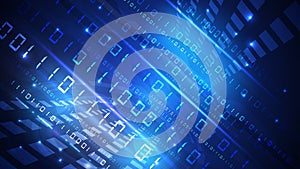 Bytes of zeros and binary units pass through the network. High-tech digital network, communications, high technology