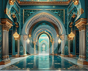 Byzantine architecture, columns, arches, and symmetry in palace hallway