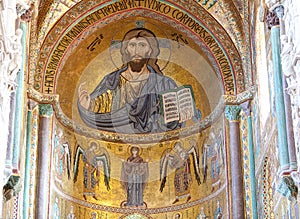 Byzantine Christ Pantocrator mosaic, Duomo, Cefalu, Sicily, Italy photo