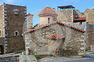 Byzantine church in the ruined town Vathia in the Inner Mani,  Peloponnese, Greece.