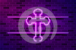 Byzantine cross glowing purple neon sign or LED strip light. Realistic vector illustration