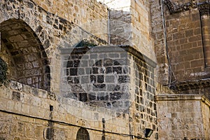 Byzantine facade and Immovable Ladder of Holy Sepulchre Church, Jerusalem.