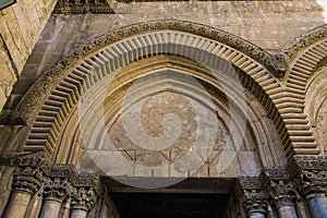 Byzantine facade and Immovable Ladder of Holy Sepulchre Church, Jerusalem.