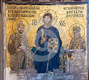 Byzantine mosaic of Jesus Christ on throne with Empress Zoe and Emperor Constantine IX Monomachus in Hagia Sophia Istanbul,