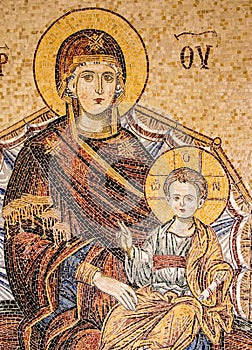 Byzantine mosaic of Madonna and Child, Preveli monastery, Crete island, Greece