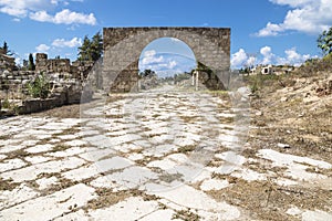 Byzantine road with triumph arch in ruins of Tyre, Lebanon