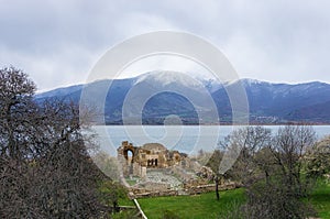 Byzantine ruins in Agios Achilios island, Small Prespa lake, Florina, Greece