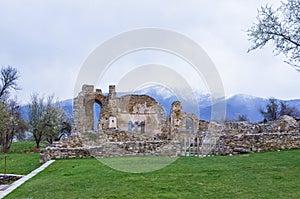 Byzantine ruins in Agios Achilios island, Small Prespa lake, Florina, Greece