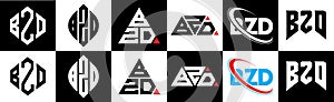 BZD letter logo design in six style. BZD polygon, circle, triangle, hexagon, flat and simple style with black and white color