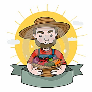 Famer with fruit and vegetable basket cartoon label logo doodle style photo