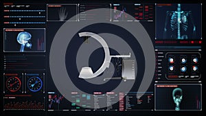 C Arm X-Ray Machine Scanner in digital display dashboard, medical diagnosis technology.