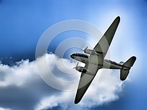 Old, twin engine piston aircraft Dakota during display in Goraszka in Poland.