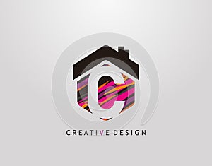 C Letter Logo. Creative hexagon house strip shape with negative space of letter C, Home Studio Icon Design
