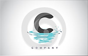 C Letter Logo Design with Water Splash Ripples Drops Reflection