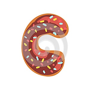 C letter in the shape of sweet glazed cookie, bakery edible font of English alphabet vector Illustration on a white