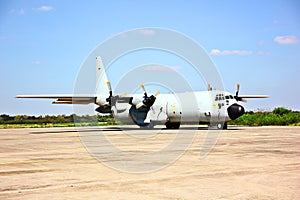 C130 military air forse transport plane on ground ready take off