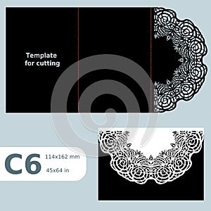 C6 paper openwork greeting card, wedding invitation, lace invitation, card with fold lines, object isolated background, laser cu