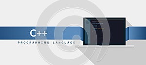 C++ programming language with script code on laptop screen, programming language code illustration