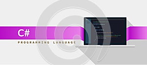 C programming language with script code on laptop screen, programming language code illustration