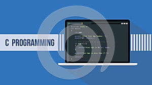 C programming language with script sample and laptop