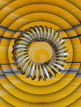 cÃÂ±rcular concentric pattern and design of metallic mobius ring with yellow grey black and white striped patterns