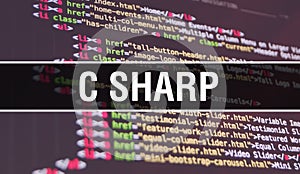 C sharp concept illustration using code for developing programs and app. C sharp website code with colourful tags in browser view